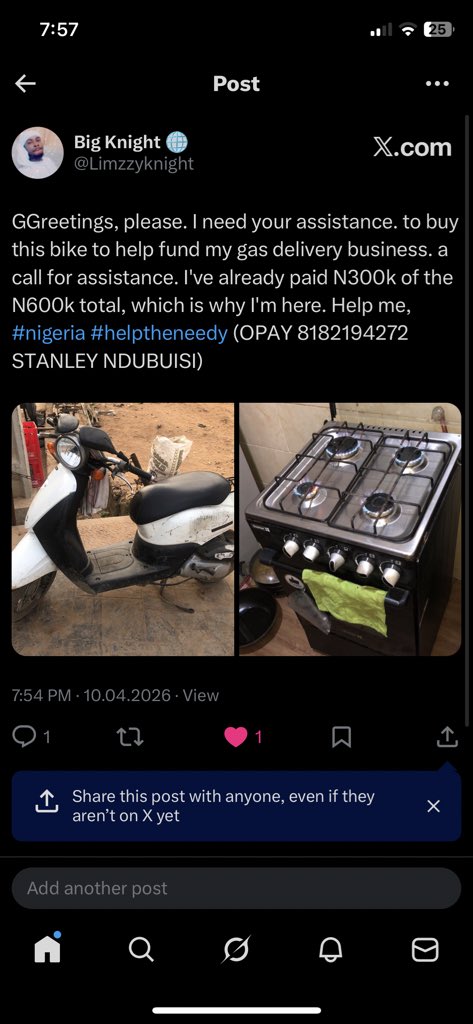 Limzzyknight's tweet photo. @rudeboypsquare GGreetings, please. I need your assistance. to buy this bike to help fund my gas delivery business. a call for assistance. I've already paid N300k of the N600k total, which is why I'm here. Help me, #nigeria #helptheneedy (OPAY 8182194272 STANLEY NDUBUISI) https://t.co/hLDqeRfmsc
