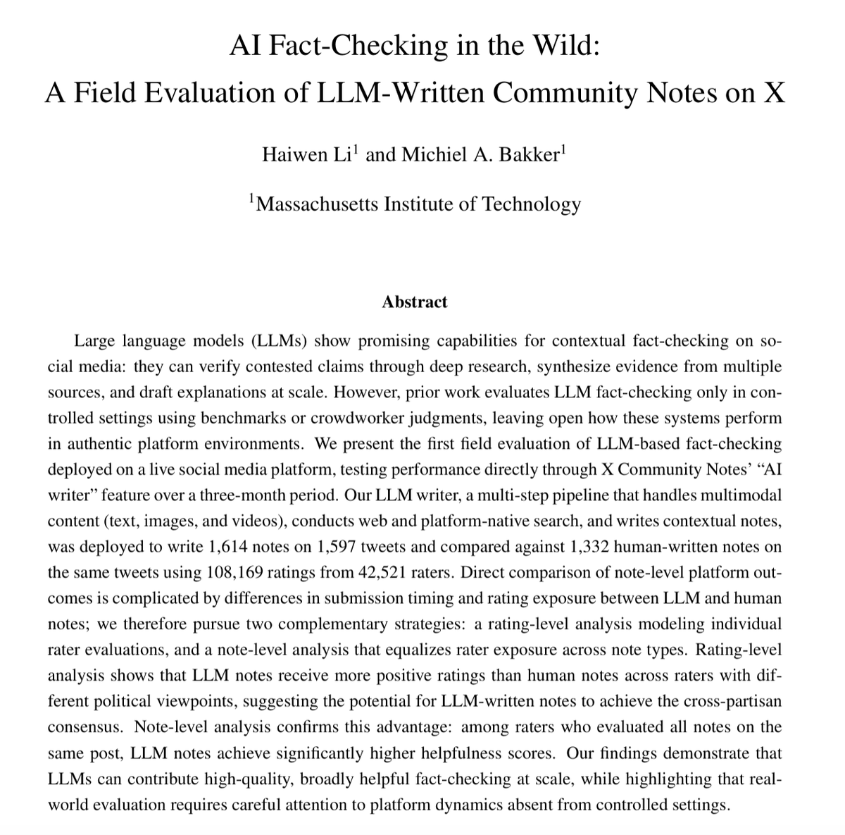 Paper abstract: AI Fact-Checking in the Wild, Haiwen Li and Michiel A. Bakker, MIT