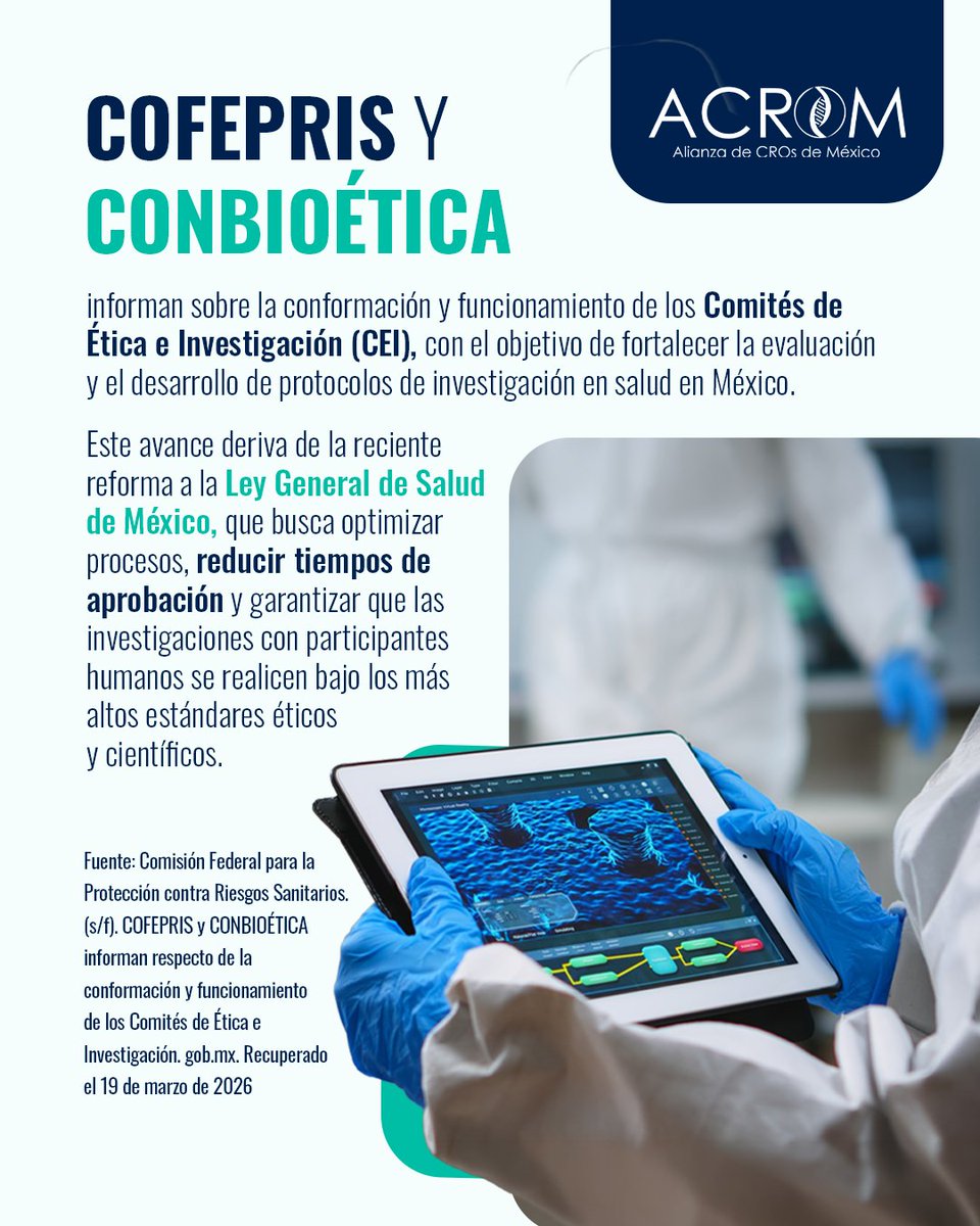 COFEPRIS continuará con la autorización, evaluación y resolución de protocolos de investigación con participantes humanos, mientras que la CONBIOÉTICA mantendrá sus atribuciones en la regulación, clasificación y acreditación de los CEI📋
#ACROM #SecretariadeSalud