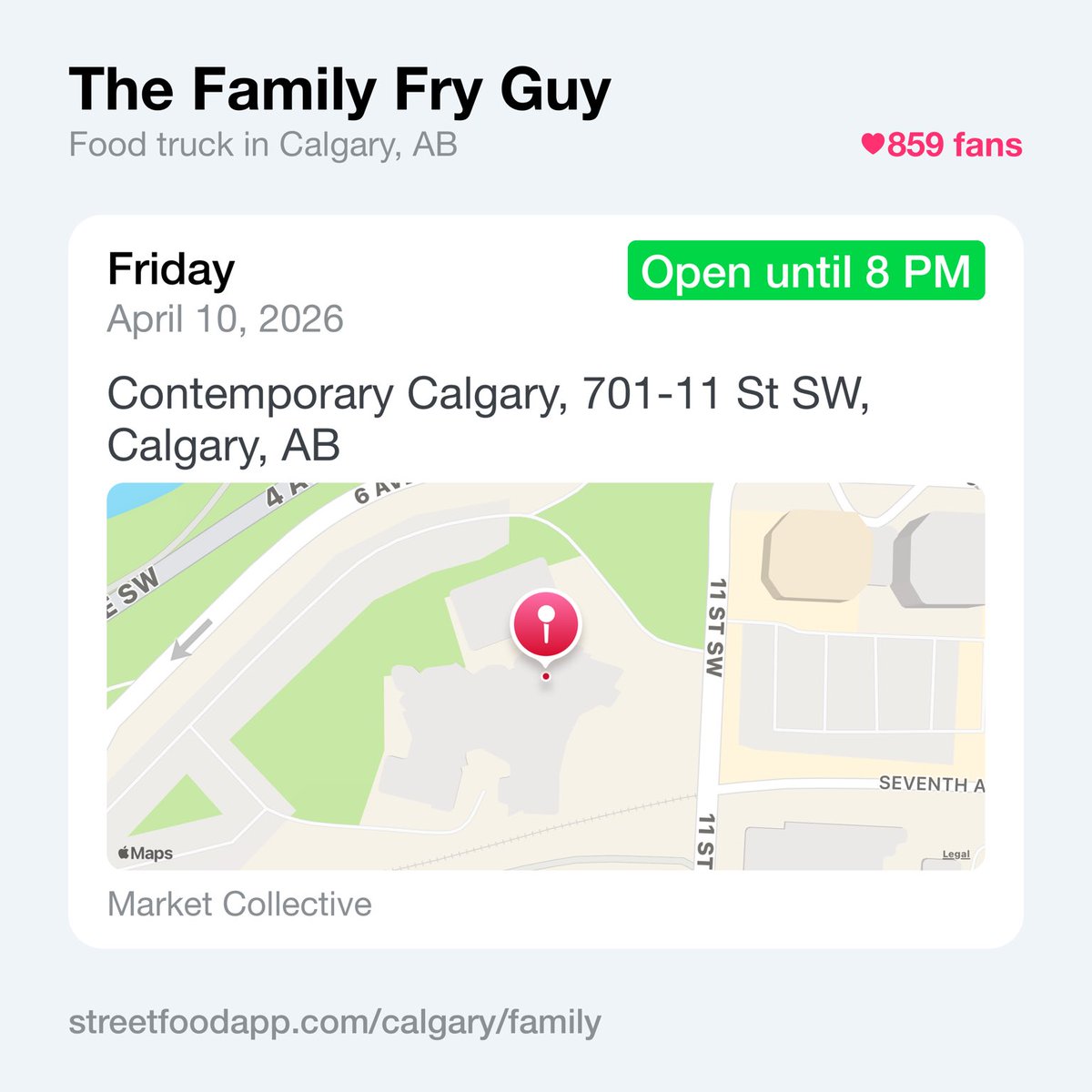 We're open April 10th from 12 PM - 8 PM at Contemporary Calgary, 701-11 St SW, Calgary, AB. Come enjoy some fries or poutine on this beautiful day!

streetfoodapp.com/calgary/family