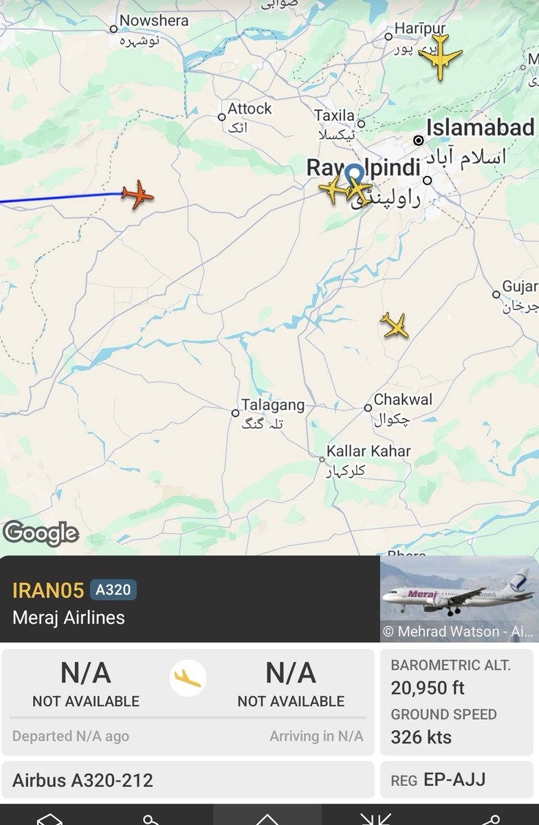 nswarsi's tweet photo. 2 Iranian planes will land shortly a Nur Khan Air base. A320 and A321 from Tehran to Islamabad

#islamabadtalks https://t.co/jtMMeft4Lk