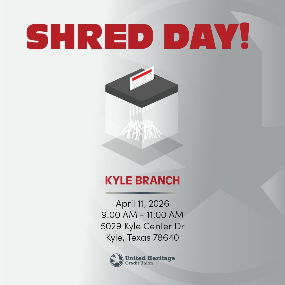UHCU's tweet photo. Reminder to join us tomorrow for our Free Shred Day at our Kyle Branch! Bring up to five file-sized boxes of paperwork, and we’ll have them professionally shredded on-site. 

Head to this link to see all the details: https://t.co/Nk0hffhSdk

#kyletx #shredday #creditunion #uhcu https://t.co/hiGT2MT1Ni