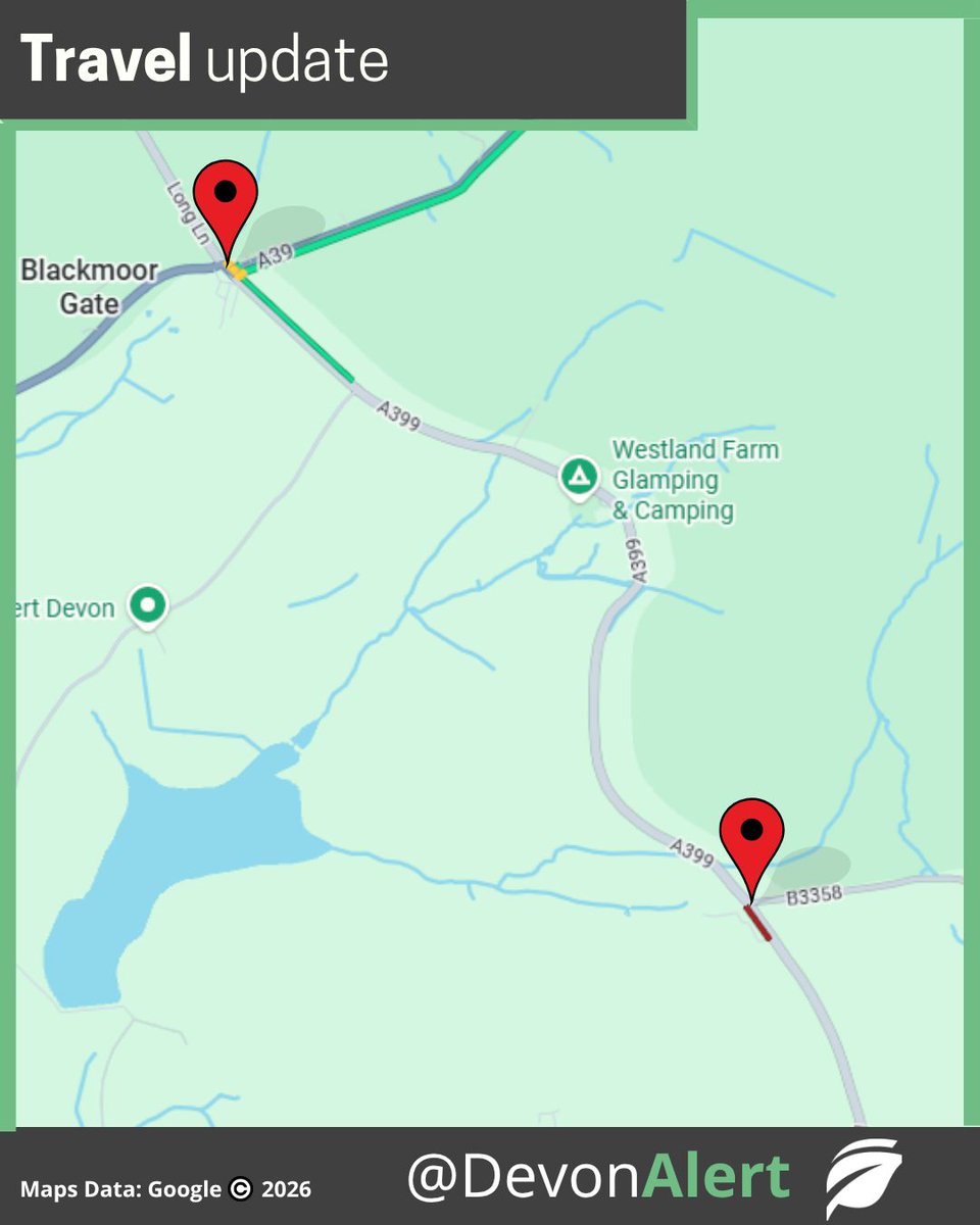 DevonAlert's tweet photo. 19:48 10/04/26 #Devon The A399 from the junction at Blackmore Gate to B3358 remains closed due to debris clearance and oil spillage following an earlier incident on the road. Please use an alternative route. AW @StagecoachSW @BBCDevon https://t.co/YkzsXxIWoK