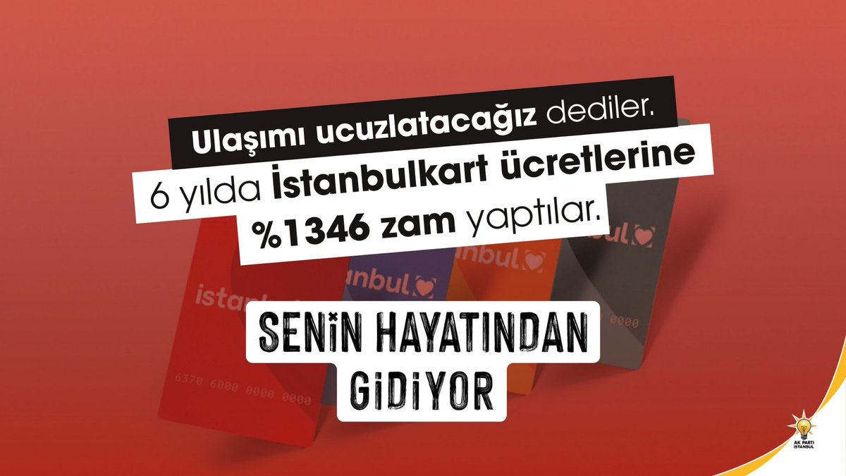 "Ulaşımı ucuzlatacağız" diyenler, 6 yılda %1346 zamla İstanbullunun cebine göz dikti. Her biniş bir yük, her yolculuk bir çile haline geldi. İstanbul vaatlerle değil, zamlarla yönetiliyor. Kaybeden yine vatandaş, giden senin hayatından gidiyor! 

​#SeninHayatındanGidiyor