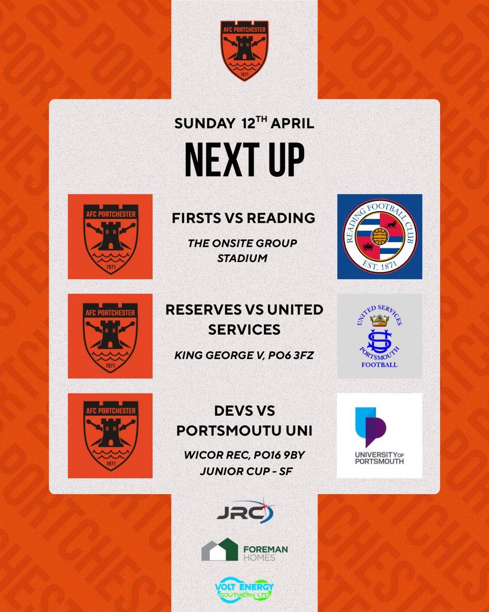 portchyladies's tweet photo. It’s all happening this Sunday 🔥

🏆 Devs – Junior Cup Semi-Final  
⚽ Firsts vs Reading  
⚽ Reserves vs United Services  

Three massive games, all at home. Your support makes the difference🍊 https://t.co/BeG3pSzoao