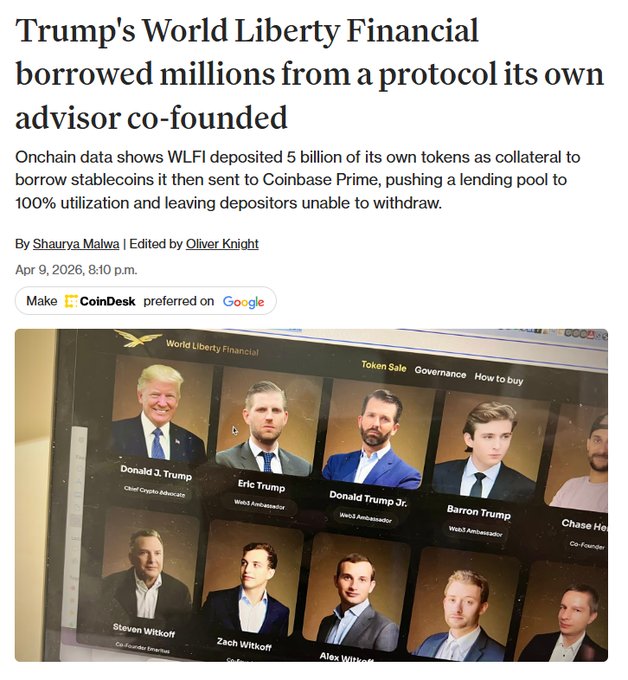 CapitalCraftPvt's tweet photo. Trump-linked $WLFI borrows $75M against its own token, raising red flags 🚨

World Liberty Financial used 5B $WLFI as collateral on Dolomite to secure the loan, pushing pool utilisation near 100% and leaving depositors unable to withdraw.

• Self-collateralised borrowing structure
• Liquidity drained from lending pool
• $40M reportedly moved to Coinbase Prime
• Insider ties fueling conflict-of-interest concerns

DeFi risk or deliberate design?