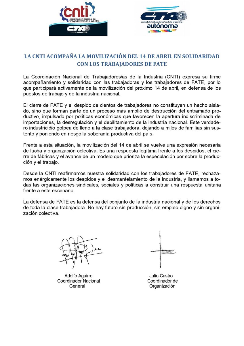 UettelT's tweet photo. desde UETTEL, expresa su firma acompañamiento con los trabajadores/as de FATE, participando activamente de la movilización del próximo 14 de abril. https://t.co/i0HYzzIXtv