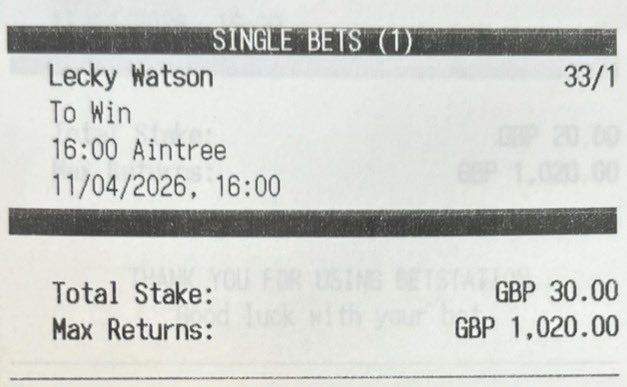 puntingseason's tweet image. Aintree Grand National selections 🏇

Monty’s Star 14/1

Lecky Watson 33/1

High Class Hero 50/1

Hopefully get a run for my money 🥂