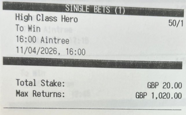 puntingseason's tweet image. Aintree Grand National selections 🏇

Monty’s Star 14/1

Lecky Watson 33/1

High Class Hero 50/1

Hopefully get a run for my money 🥂