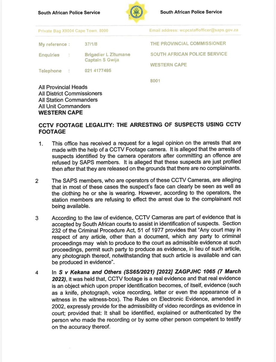 Abramjee's tweet image. CCTV FOOTAGE LEGALITY: THE ARRESTING OF SUSPECTS USING CCTV FOOTAGE.

WC Commissioner issues this directive…
