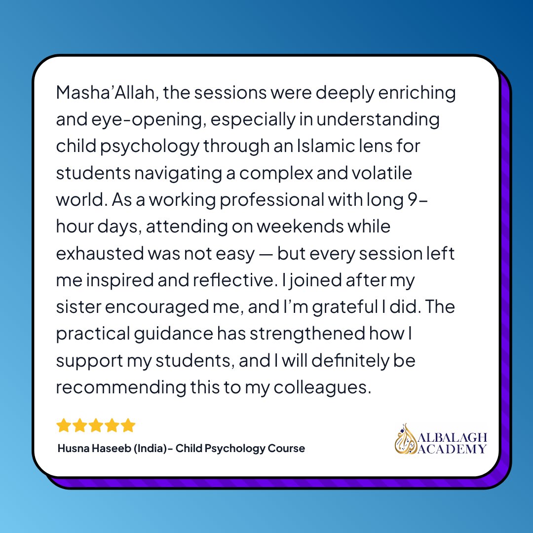 AlBalaghAcademy's tweet image. “Every session left me inspired… even after exhausting days.”

This is what commitment to learning looks like.

At Al Balagh, we don’t just teach — we transform how you think, learn, and serve others.

#IslamicLearning #Testimonial #albalaghacademy