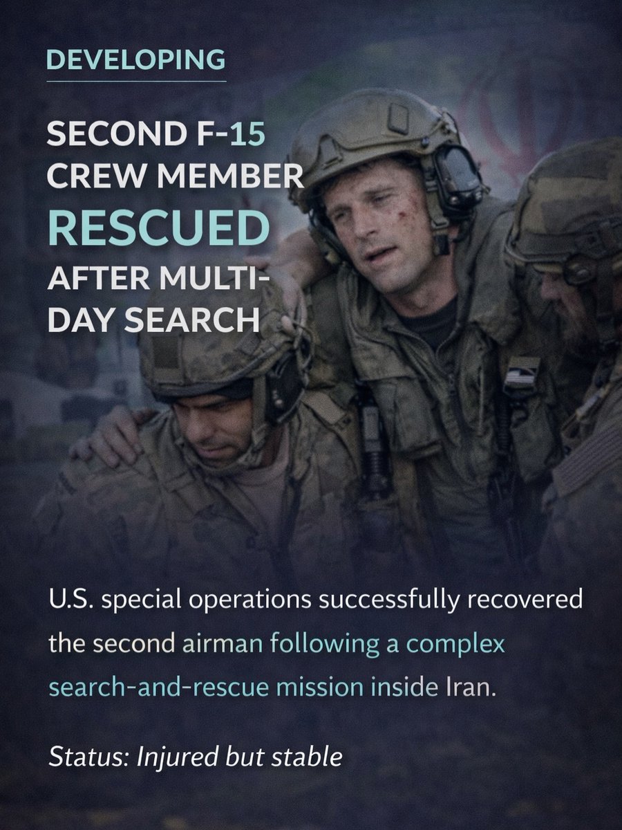 TroopsDirect's tweet photo. NO ONE GETS LEFT BEHIND 🇺🇸

Both crew of a downed U.S. F-15E were recovered after a high-risk rescue deep in hostile territory. Injured, but safe.
This took preparation, coordination, and the right gear.
Support those on the front lines → https://t.co/cCGyHaLs7u #NoOneLeftBehind https://t.co/LedurrncZ9