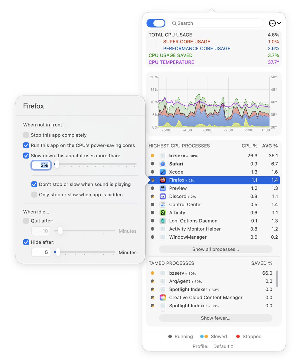 stclairsoft's tweet photo. App Tamer 3.0b3 public beta is available! Its user interface has been refined, it supports M5 Macs, displays CPU temperature, has switchable settings profiles, offers custom rules for switching between profiles and much more. I'd love your feedback! https://t.co/WQSmh15I8n https://t.co/fI1AgKc6no