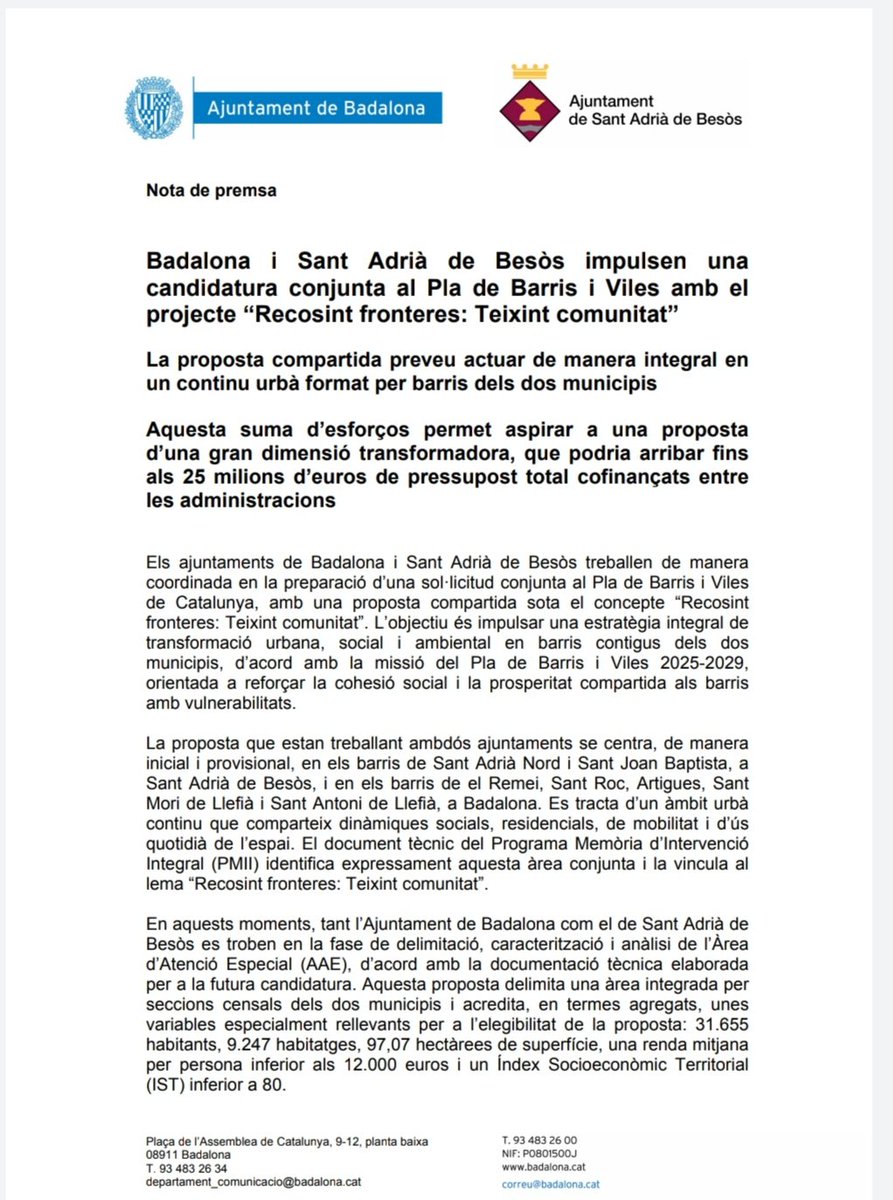 AnicetoRamirez's tweet photo. #Badalona i #SantAdriàBesòs impulsen una candidatura conjunta al #PladeBarris i Viles amb el
projecte “Recosint fronteres: Teixint comunitat”. La proposta compartida preveu actuar de manera integral en un continu urbà format per barris dels dos municipis.
25 milions € https://t.co/JeJhXb54Sw