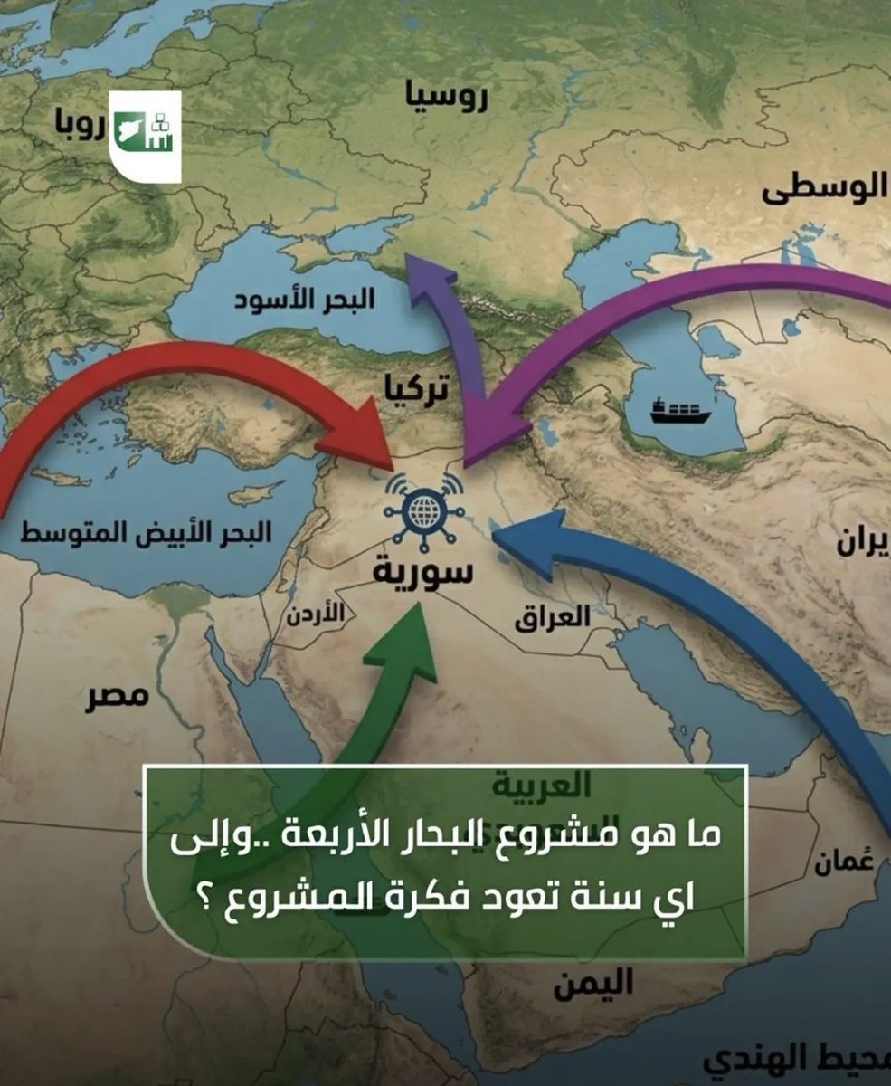 Alaa_Oghly's tweet photo. مشروع البحار الأربعة” هو رؤية لتحويل سوريا إلى مركز ربط اقتصادي بين المتوسط، الأحمر، الأسود وقزوين عبر طرق وسكك وأنابيب طاقة. لو نُفذ، كان سيجعل سوريا ممرًا عالميًا للتجارة والطاقة، لكن تعرقل بسبب الحرب والتعقيدات السياسية .. @syrianmofaex @SyrMOfE @SyMOEAI https://t.co/WhX2orFUR6
