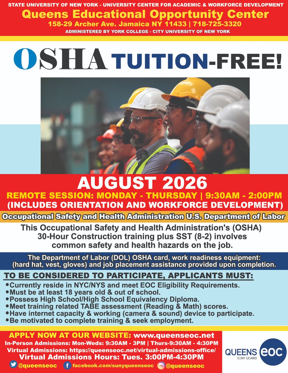 queenseoc's tweet photo. Apply now for a chance at this training program where you'll learn about health and safety hazards, receive valuable items pertaining to OSHA! Program starts August 2026!

Apply now at https://t.co/9E5ku8XkZA https://t.co/S2mbGrAjI1