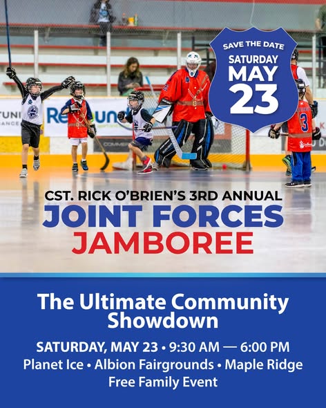 RidgeRCMP's tweet image. Don’t forget to mark your calendars for this great upcoming family event next month! We’ll be there participating in the festivities and honouring Rick and carrying on his legacy. 🥰🏒👮
More info: jointforces.ca/jamboree
#CommunityStrong #JointForcesJamboree #MapleRidge