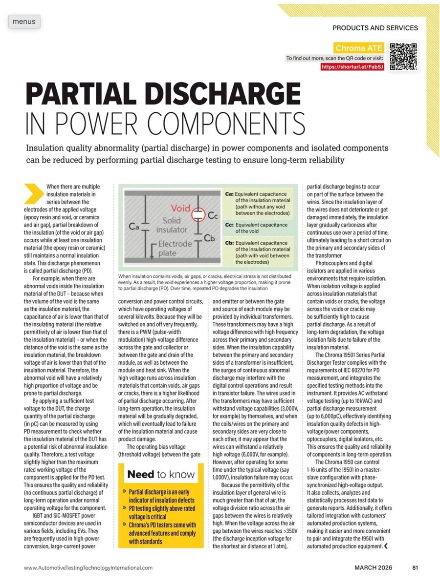 🚗✨ Exciting news!
We’re proud to share that Chroma has been featured in the March 2026 issue of Automotive Testing International!
…otivetesting.mydigitalpublication.com/march-2026-iss…
🔗  chromaus.com/ar-vr/27016
…otivetesting.mydigitalpublication.com/march-2026-iss…
• Battery Cell Insulation Testing: …otivetesting.mydigitalpublication.com/march-2026-iss…

#ChromaATE