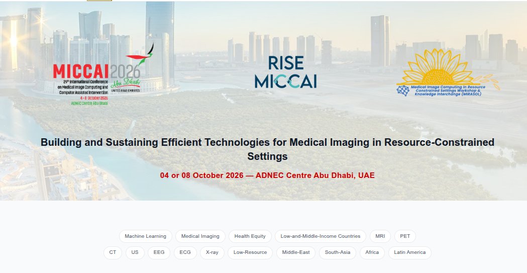 Dr_Alex_Crimi's tweet image. I am excited to announce the #MICCAI2026 MIRASOL Workshop!
Building #ML for #medicalimaging in low-resource settings 🌍
MRI, CT, EEG &amp;amp; more focused on real impact in LMICs.
🗓 Oct 4-8 2026
📍 Abu Dhabi (possible change)
mirasol.rise-miccai.org/#
Make AI work for everyone #AIforGood