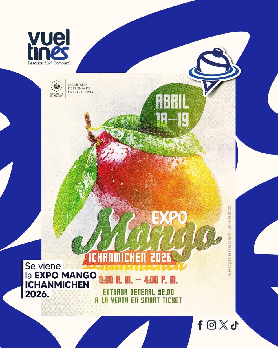 vueltines's tweet photo. 🥭🔥 ¡Atención mango lovers!
El Parque Recreativo Ichanmichen se llena de sabor con la Expo Mango 2026
📅 18 y 19 de abril
Un #Vueltin que no falla

Invita el Instituto Salvadoreño de Turismo 

#Vueltin #DateUnVueltin #ElSalvador #TurismoSV https://t.co/kf9u9WFvg3