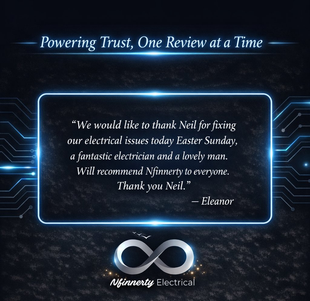 NfinnertyElec's tweet image. Our valued clients say it best 💬 Grateful for your trust and positive feedback — it keeps us shining bright! ⚡ Reliable Electrical Services You Can Trust #NfinnertyElectrical #CustomerReview #ElectricalExperts