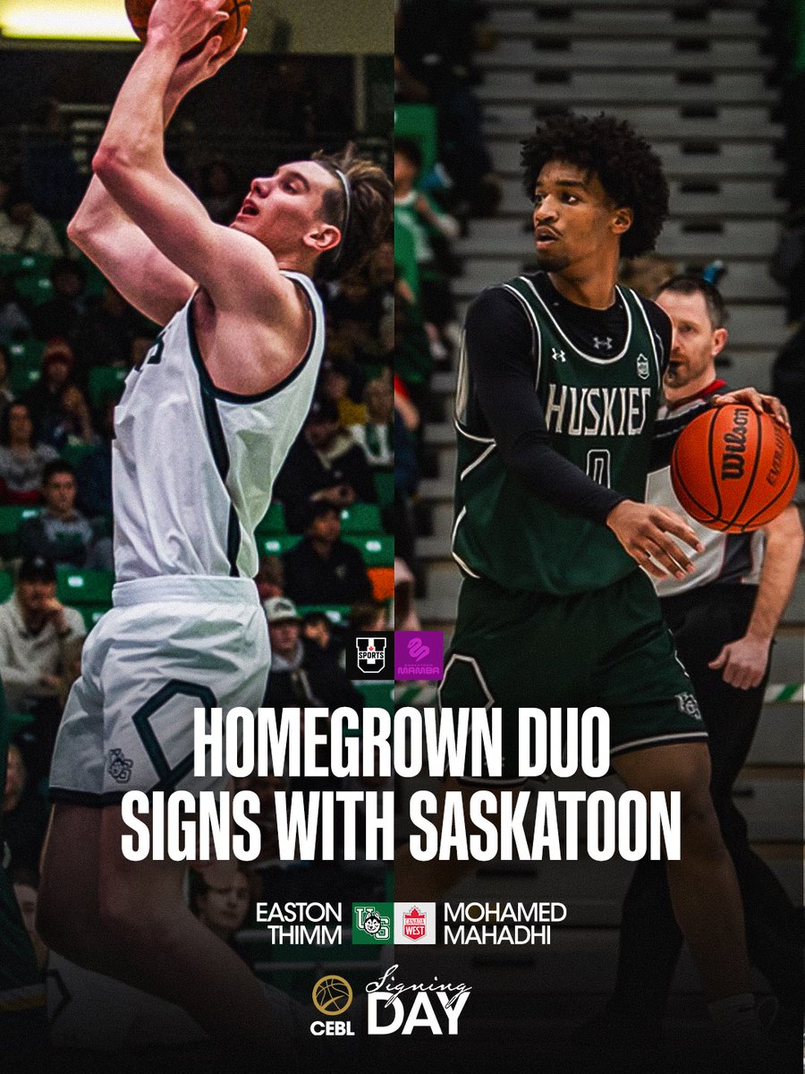 CEBLeague's tweet photo. BUILT IN SASKATCHEWAN🐍
Saskatoon natives Easton Thimm and Mohamed Mahadhi, both from the University of Saskatchewan, stay home with the @saskatoonmamba.
Read more at https://t.co/qPVnqMDcQa
#CEBLSigningDay https://t.co/fnIB2AGHRn