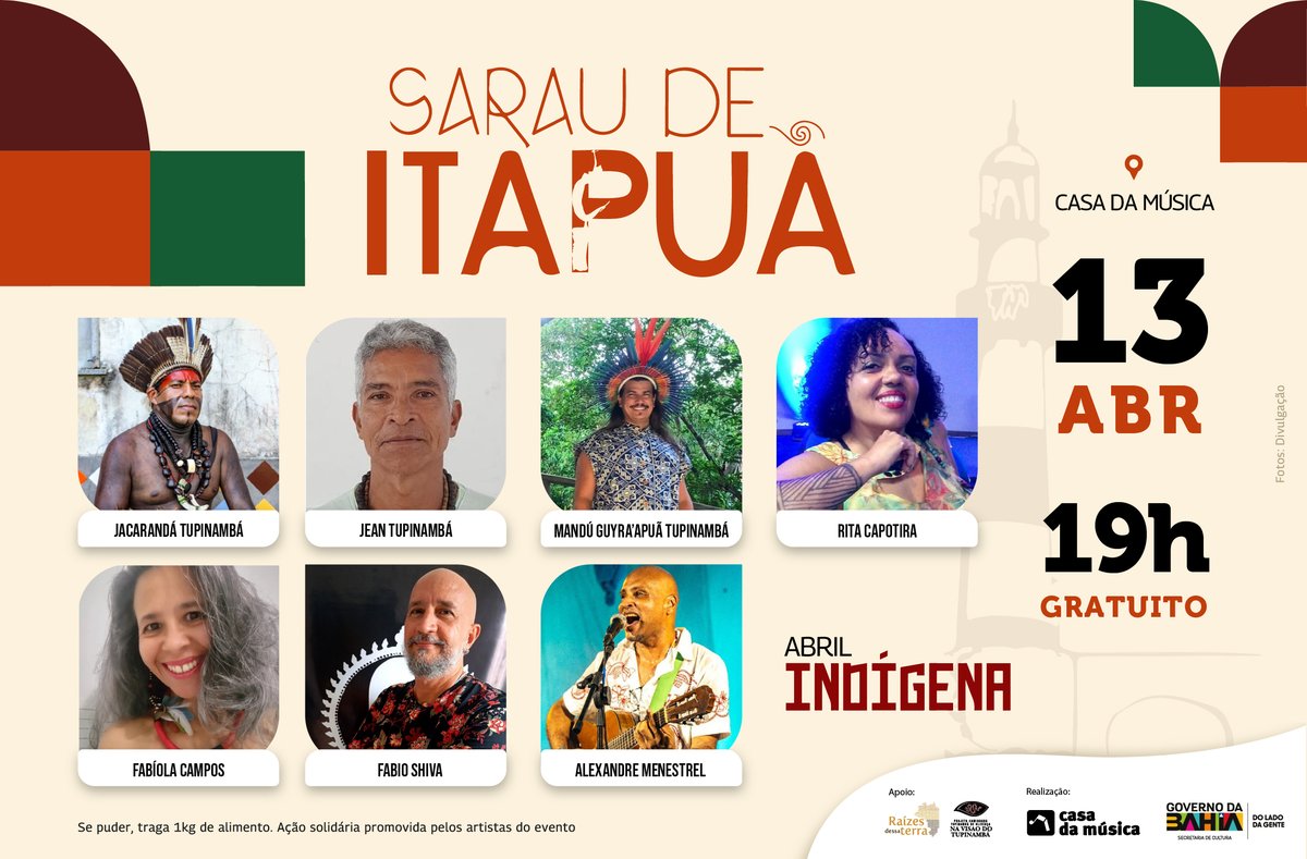 A Casa da Música recebe mais uma edição do Sarau de Itapuã nesta segunda (13), às 19h, em programação especial do Abril Indígena. 🌿A atividade marca o encerramento da Jornada Pindá Etá.Saiba mais: ba.gov.br/cultura/notici…