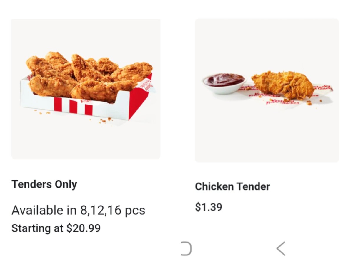WillAlthoff's tweet photo. I can get a box of 8 tenders for $21 or 8 single tenders for $11. Make it make sense @kfc https://t.co/WIIAyikswL
