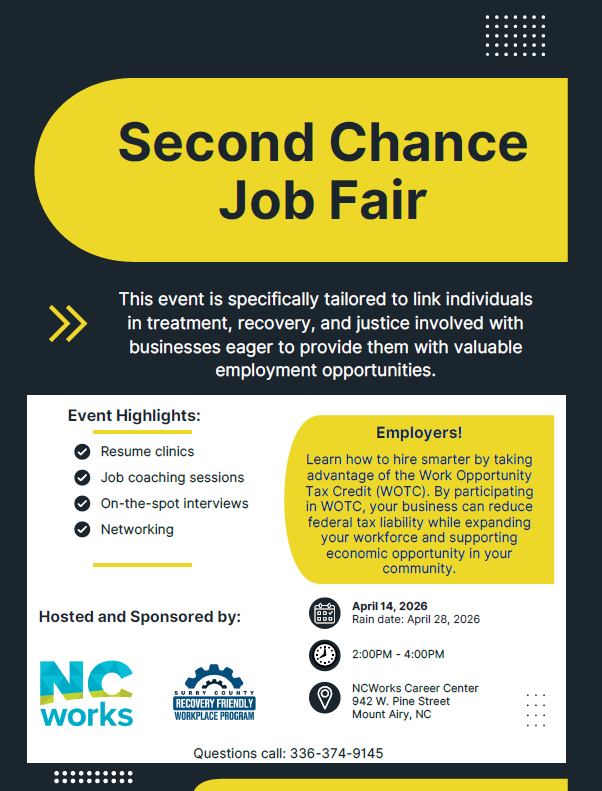 ncworkforce's tweet image. #NCWorks Surry County will present a Second Chance #JobFair on Tuesday, April 14 (Rain date 4/28), from 2 – 4 PM, at 942 W. Pine St., Mt Airy, NC!  Questions? Call 336-374-9145. 
#NCSecondChanceMonth #Reentry