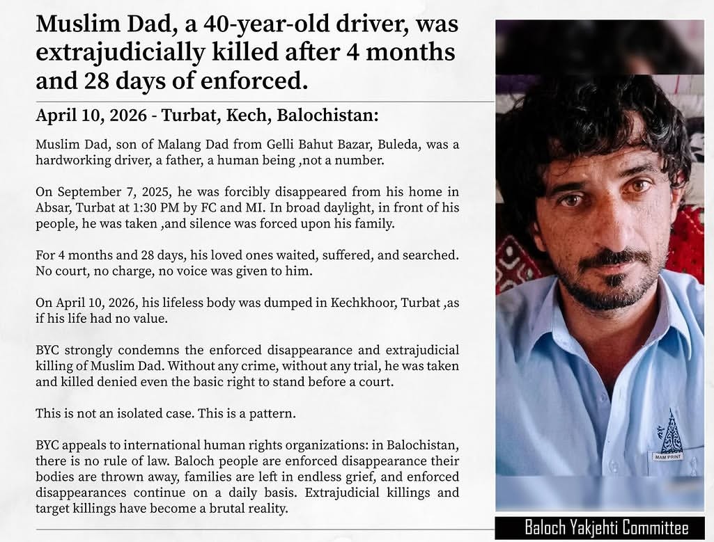 ahamoodbaluch's tweet image. Muslim Dad, a 40-year-old driver &amp;amp; #father, was forcibly disappeared for 4 months,then returned dead in Turbat.
No charges. No trial. No justice.
This is a pattern in Balochistan thats formed by Pakistani Forces. @amnesty
#StopBalochGenocide #HumanRights