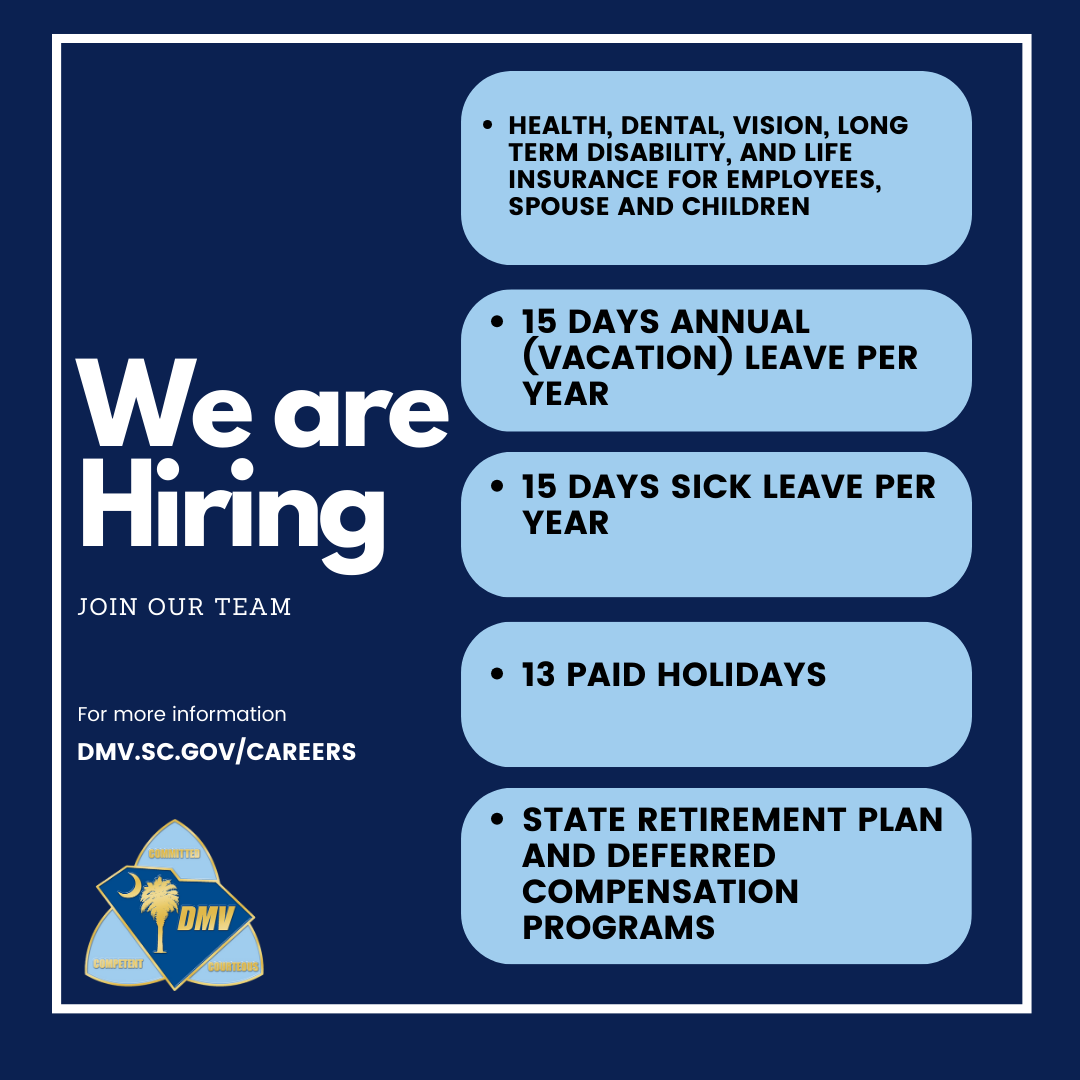 SC_DMV's tweet image. The #SCDMV is hiring multiple positions across
the state!

These positions are steppingstones to amazing benefits
and opportunities with our #SCDMVteam.

See what's available on our website!