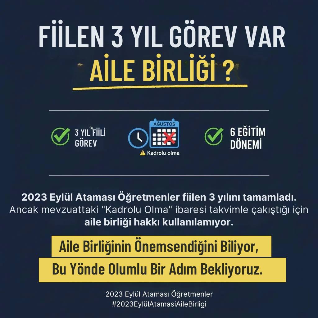 <a href="/talatyavuz29/">Talat YAVUZ</a> Ağustos ayı umut ayı olsun istedik ama hüzün ayına dönmesin. Müjdeli haberi bekliyoruz. <a href="/aliyalcin/">Ali Yalçın</a> <a href="/talatyavuz29/">Talat YAVUZ</a> <a href="/RamazanCakirci/">Ramazan Çakırcı</a> #2023EylülAtamasıAileBirligi