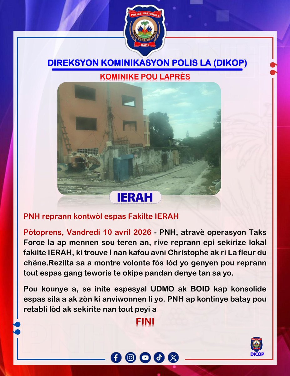 pnh_officiel's tweet photo. PNH, atravè operasyon Taks Force, reprann epi sekirize lokal Fakilte IERAH nan kafou Avni Christophe ak ri La Fleur du Chêne. Inite #UDMO ak #BOID ap konsolide zòn nan. PNH ap kontinye batay pou retabli lòd ak sekirite nan tout peyi a! 🇭🇹 #PNH #TaskForce #Operasyon #IERAH https://t.co/fr7OG7Vn1o