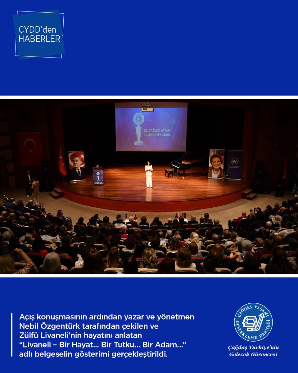 CagdasYasamDD's tweet photo. 20.⁠ ⁠⁠ÇAĞDAŞ YAŞAM CUMHURİYET ÖDÜLÜ’NE ZÜLFÜ LİVANELİ DEĞER GÖRÜLDÜ!

Çağdaş Yaşamı Destekleme Derneği tarafından her yıl 10 Nisan Laiklik Günü nedeniyle verilen Çağdaş Yaşam Cumhuriyet Ödülü bu yıl, Cumhuriyet değerlerinin korunması ve geliştirilmesi adına yaptığı etkili çalışmalarıyla bilinen müzisyen, yazar ve senarist Zülfü Livaneli’ye verildi.

1O Nisan Cuma günü, İstanbul Kültür Üniversitesi’nde gerçekleştirilen ödül törenine Genel Başkanımız Prof. Dr. Ayşe Yüksel, yönetim kurulu üyelerimiz, şube temsilcilerimiz, gönüllülerimiz ile birlikte birlikte sanat ve basın dünyasından çok sayıda isim katıldı.

Sunuculuğunu Başak İkiz’in üstlendiği ödül töreninin açış konuşması, Genel Başkanımız Prof. Dr. Ayşe Yüksel tarafından gerçekleştirildi.

Açış konuşmasının ardından yazar ve yönetmen Nebil Özgentürk tarafından çekilen ve Zülfü Livaneli’nin hayatını anlatan ‘’Livaneli – Bir Hayat… Bir Tutku… Bir Adam…’’ adlı belgeselin gösterimi gerçekleştirildi.

Sonrasında ise, Genel Başkanımız Prof. Dr. Ayşe Yüksel tarafından 20. Çağdaş Yaşam Cumhuriyet Ödülü’nün kazananı Zülfü Livaneli’ye ödülü takdim edildi. 

Tören, ÇYDD bursiyerleri tarafından gerçekleştirilen müzik dinletisi ile son buldu.

Sayın Zülfü Livaneli’ye Atatürk devrimi ve ilkeleri ile Cumhuriyet değerlerine olan bağlılığı için kutluyor; başarılarının devamını diliyoruz.

#ÇağdaşYaşamCumhuriyetÖdülü
#ÇağdaşYaşamıDesteklemeDerneği