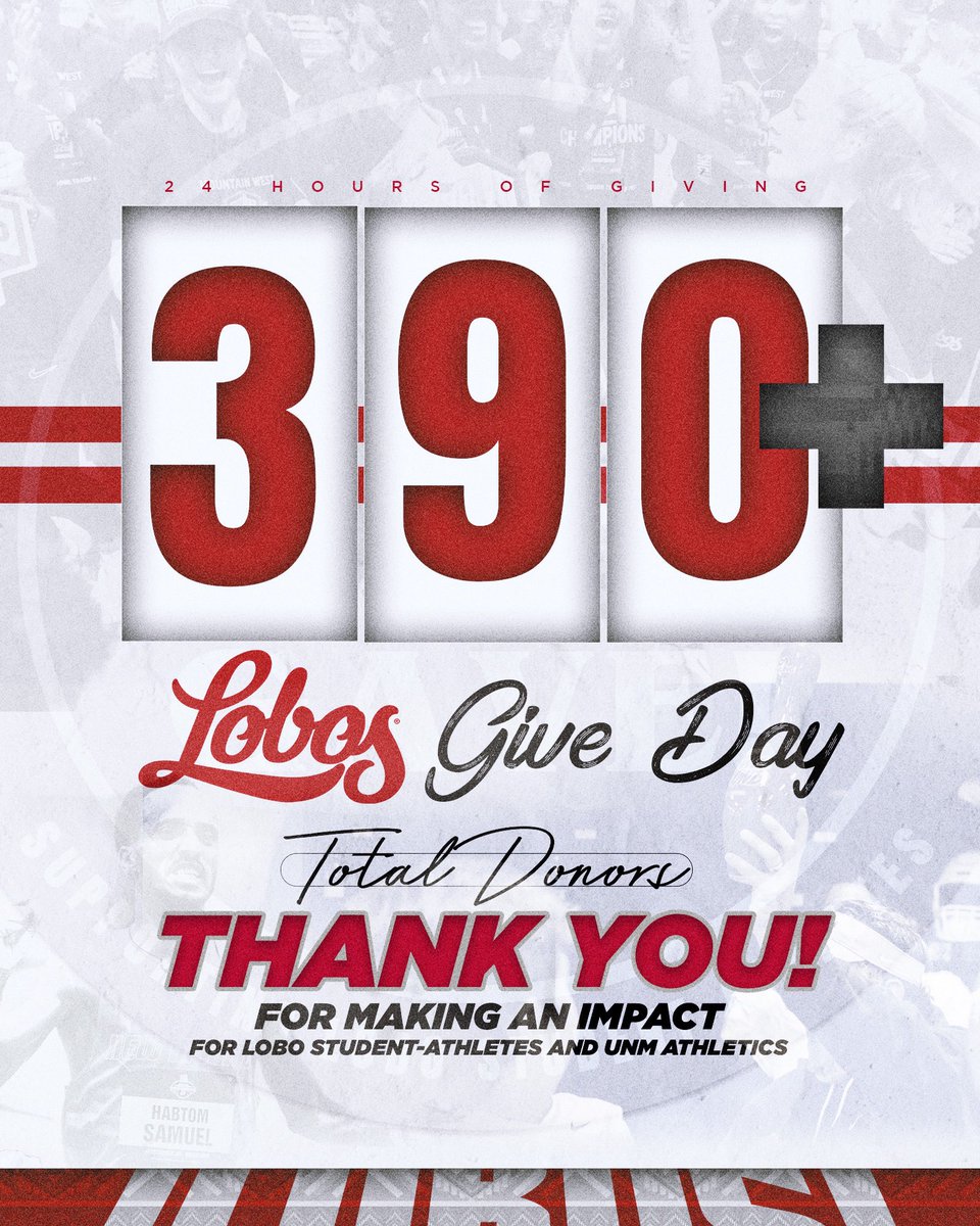 LOBO NATION THANK YOU‼️
Because of your incredible generosity yesterday, we were able to raise funds for all of our student-athletes here at the University of New Mexico, exceeding our donor goal by over 150 supporters!

Thanks to you, Lobo Athletics will continue to grow,