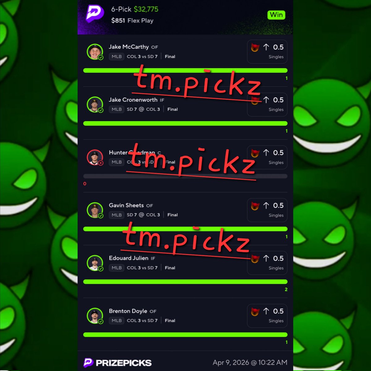 tmpickz's tweet image. PrizePicks 🏀 NBA 6 Man Demon 😈

$851 ➜ $32,775💰🍀☘️🏁

Join Discord, 𝙑𝙄𝙋𝙨 𝙀𝙖𝙩𝙞𝙣𝙜❗️

#PrizePicks #NBA #PrizePicksNBA