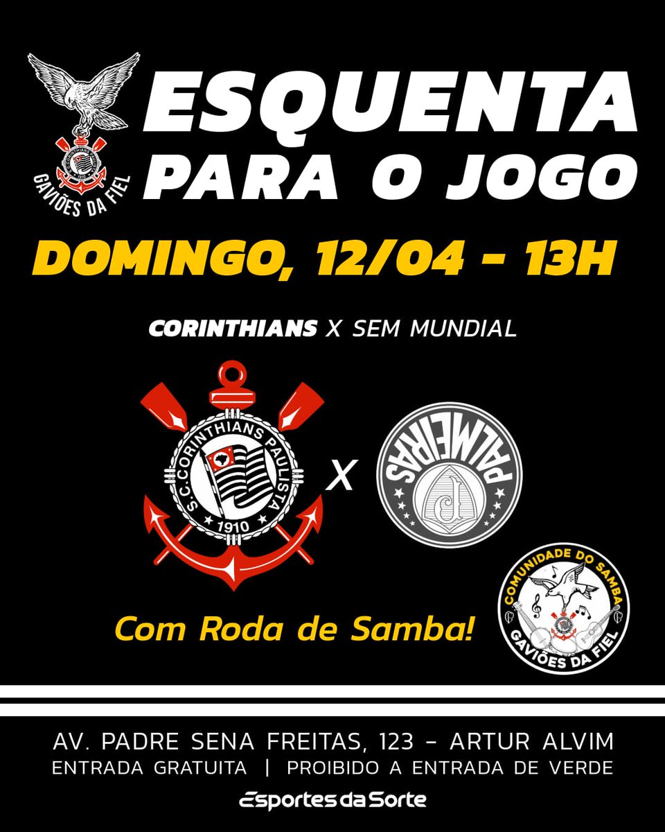 COMPAREÇA NO PONTO DE ENCONTRO OFICIAL DO GAVIÕES EM ARTUR ALVIM

Salve, família!

Neste domingo (12), a partir das 13h, estaremos reunidos para o esquenta do jogo entre CORINTHIANS x Sem Mundial, pela 11ª rodada do Campeonato Brasileiro 2026.