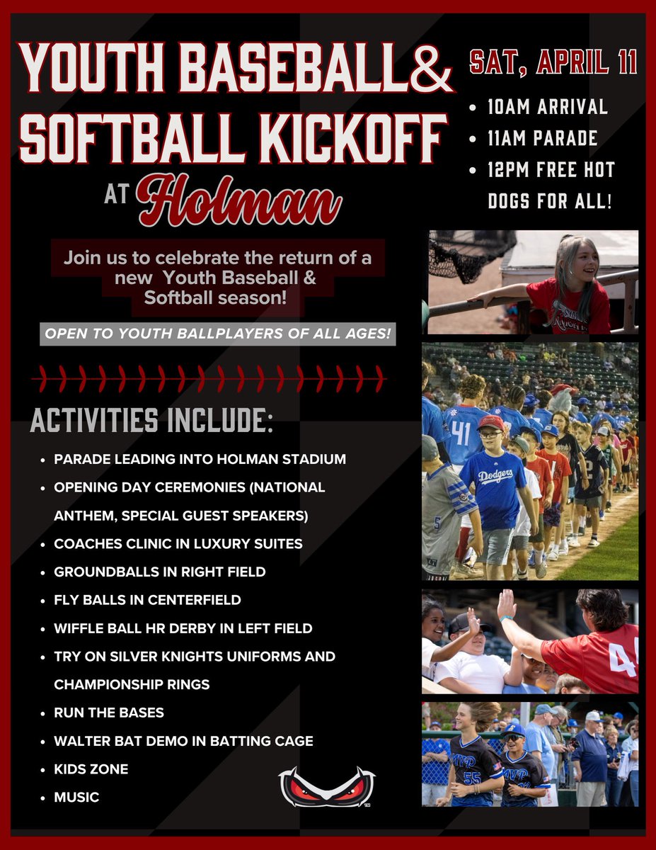 SilverKnightsNH's tweet photo. Tomorrow‼️⚔️🛡️

Join us as we celebrate the start of a new season with a Youth Baseball &amp; Softball Kickoff at Holman Stadium — everyone is invited!

Come as a full team or individually and enjoy a day at the park with a parade, lots of activities, and free hot dogs for all! 🌭 https://t.co/M7OegzXPTS