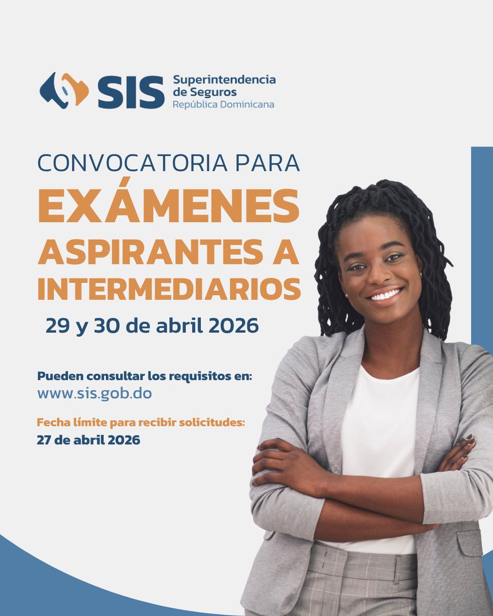 ¡Atención aspirantes a Intermediarios de Seguros!
 
Les invitamos a participar en la jornada para los exámenes aspirantes a Intermediarios de Seguros que se impartirán los días 29 y 30 de abril 2026.
 
Fecha límite para recibir solicitudes: 27 de abril 2026.

 #SuperSegurosDO