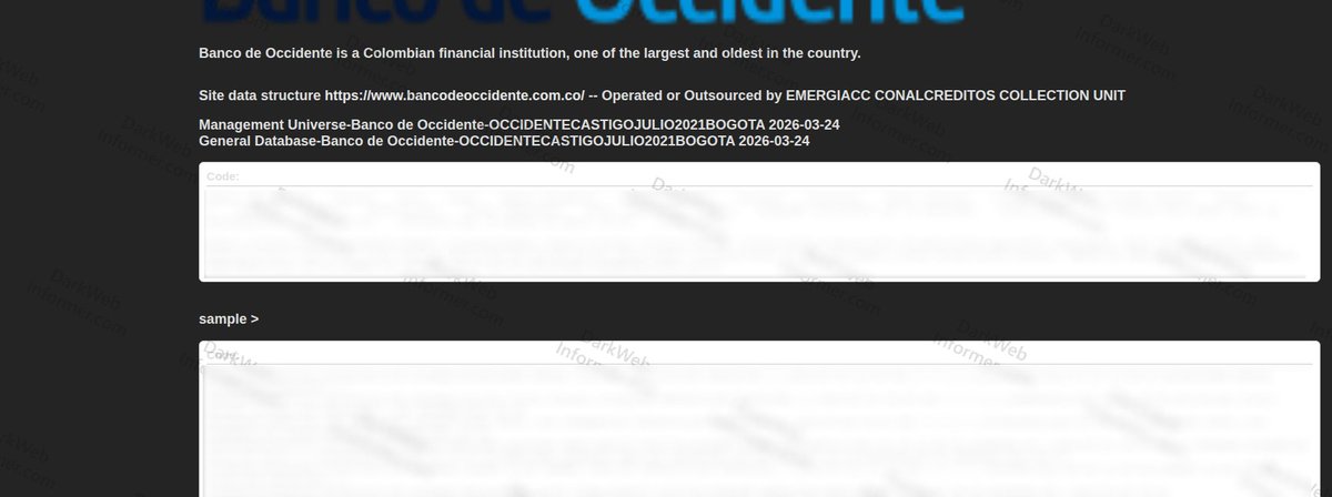 DarkWebInformer's tweet image. ‼️🇨🇴 The database of Banco de Occidente, one of Colombia's largest and oldest financial institutions, is allegedly being sold on a popular cybercrime forum.

Threat Actor: Petro_Escobar (in collaboration with NyxarGroup)
Category: Data Breach
Victim: Banco de Occidente