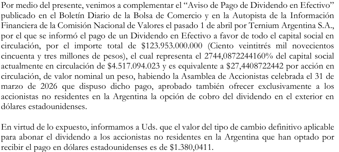 FederalBursatil's tweet photo. $TXAR - Dividendo en Efectivo
· Pago Confirmado: $27,44 por acción.
> Ofrece exclusivamente a accionistas no residents en Argentina la opción de obro del dividend en el exterior en dólares estadounidenses, tipo de cambio: $1.380,0411.
#TXAR #Dividendos #Argentina #Merval https://t.co/AOxtZN28vI