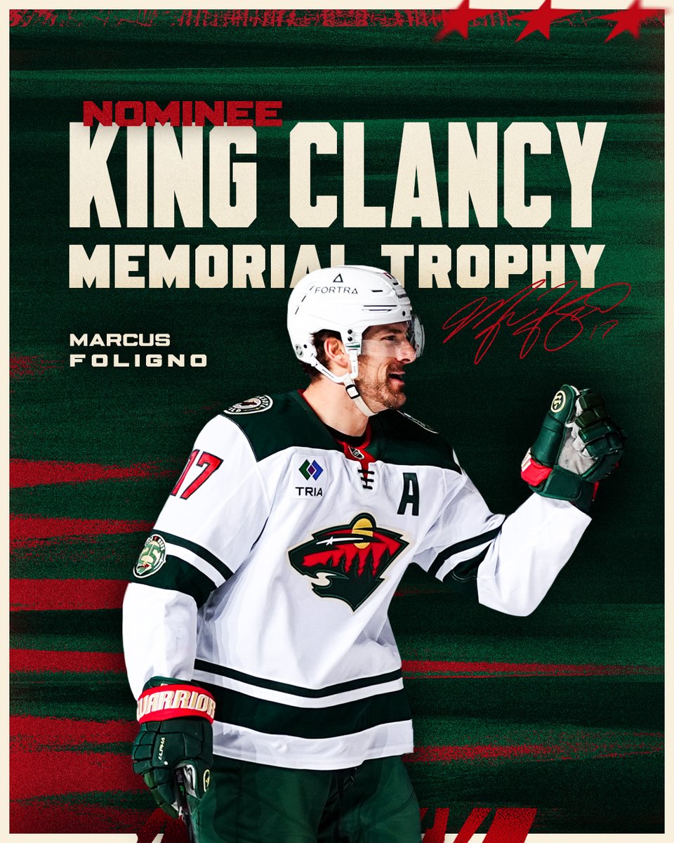 mnwild's tweet photo. Demonstrates strong leadership both on and off the ice and has made a meaningful humanitarian impact within our community.

Marcus Foligno is the recipient of the 2026 Tom Kurvers Humanitarian Award and our teams nominee for the 2026 King Clancy Memorial Trophy.

Full details » https://t.co/ugBwTvJO47