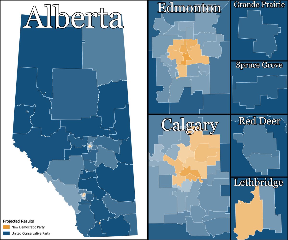 RealAlbanianPat's tweet image. Latest Leger Alberta poll modelled out

🔵UCP: 70 seats (+21)
🟠NDP: 17 seats (-21)

🔵UCP Majority Government

(+/- change from 2023 Alberta General Election)

Feel free to ask for any ridings