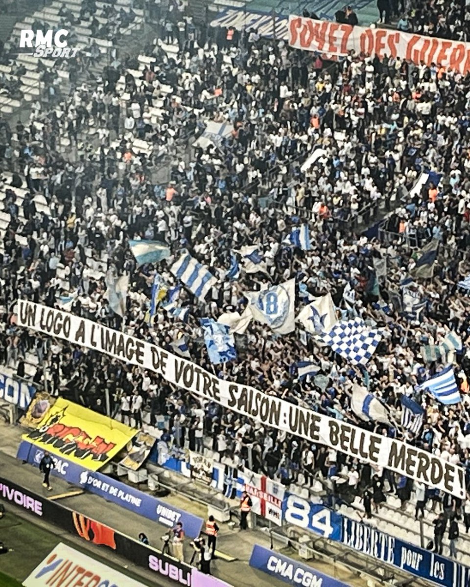 RMCsport's tweet photo. 😬 Et celle du Virage Sud... "Un logo à l'image de votre saison : une belle m*rde !" https://t.co/6PTsFvMNWi