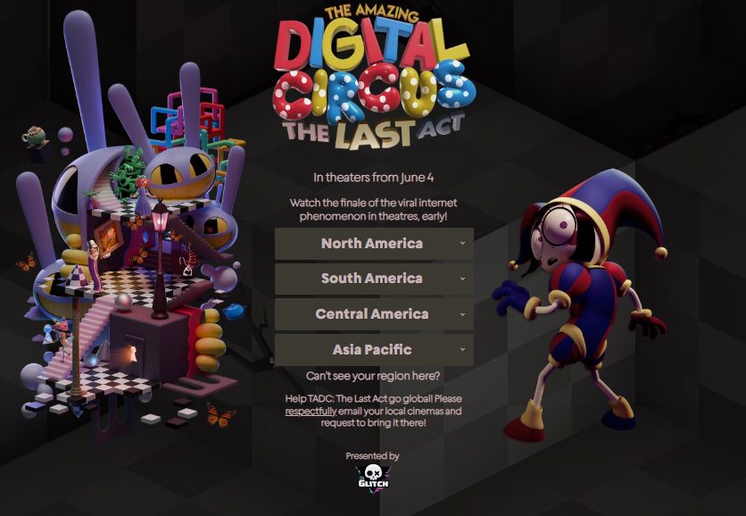 pablosky291_'s tweet photo. TADC EN CINES ESPAÑA!!

El último capítulo de TADC / El asombro circo digital / The amazing digital circus se podrá ver en cines 15 días antes (4 de junio), pero unicamente en América.

@glitch_prod ha solicitado que contactemos con nuestros cines para que estudien la posibilidad https://t.co/I6nCcXJuqp