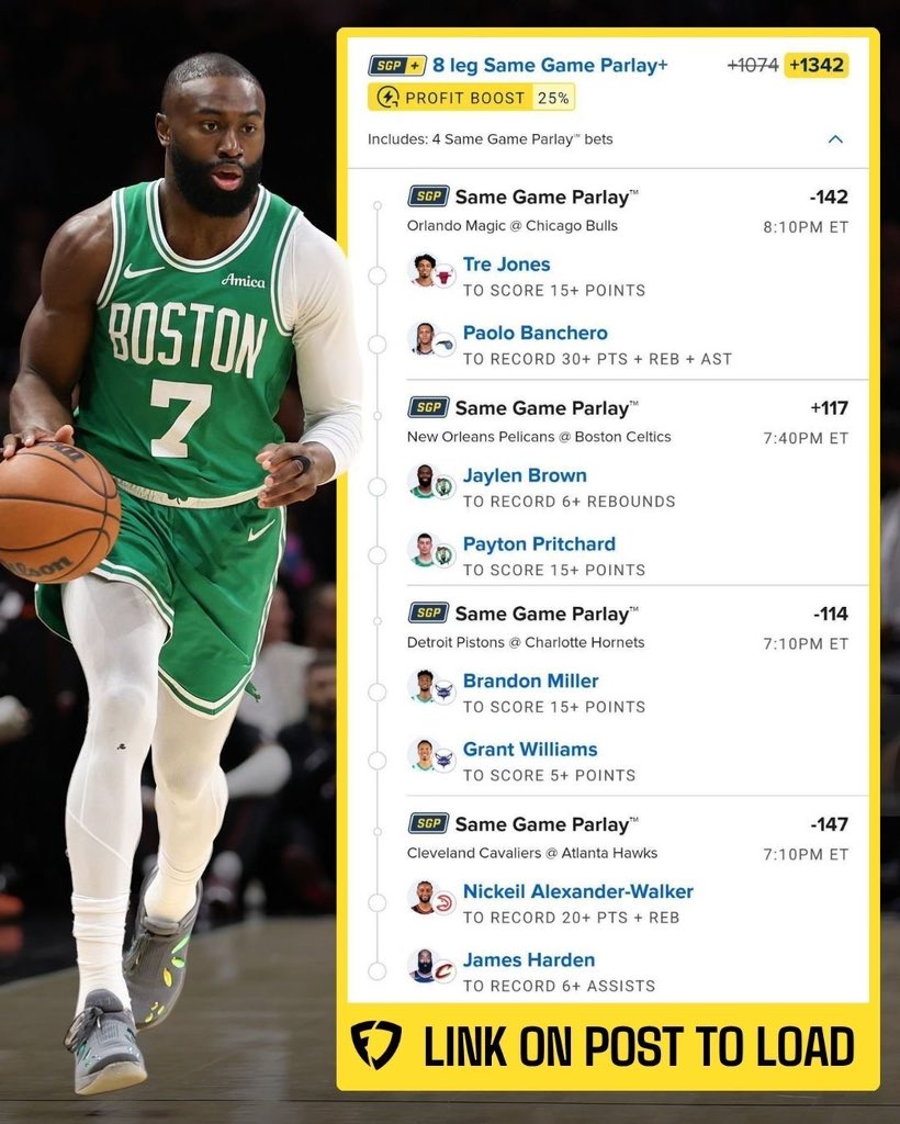 🏀🔥 +1342 NBA Parlay

👉 Load here: bit.ly/1342-NBABoost

Using my 25% profit boost on FanDuel!

21+, gamble responsibly.
