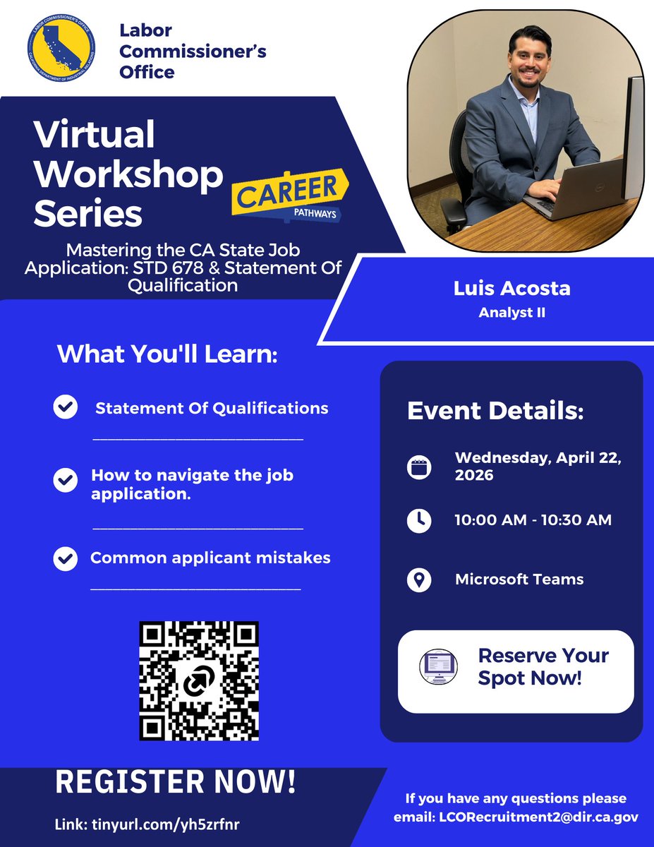 CA_DIR's tweet image. 💡 Join the Labor Commissioner’s Recruitment and Retention Team for a Virtual Workshop! 💡

📲 Register now: tinyurl.com/yh5zrfnr

We look forward to seeing you there!

#Hiring #Webinar #JobSearch #CAStateJobs #Work4CA #LCORecruitment

@CA_LaborCommish