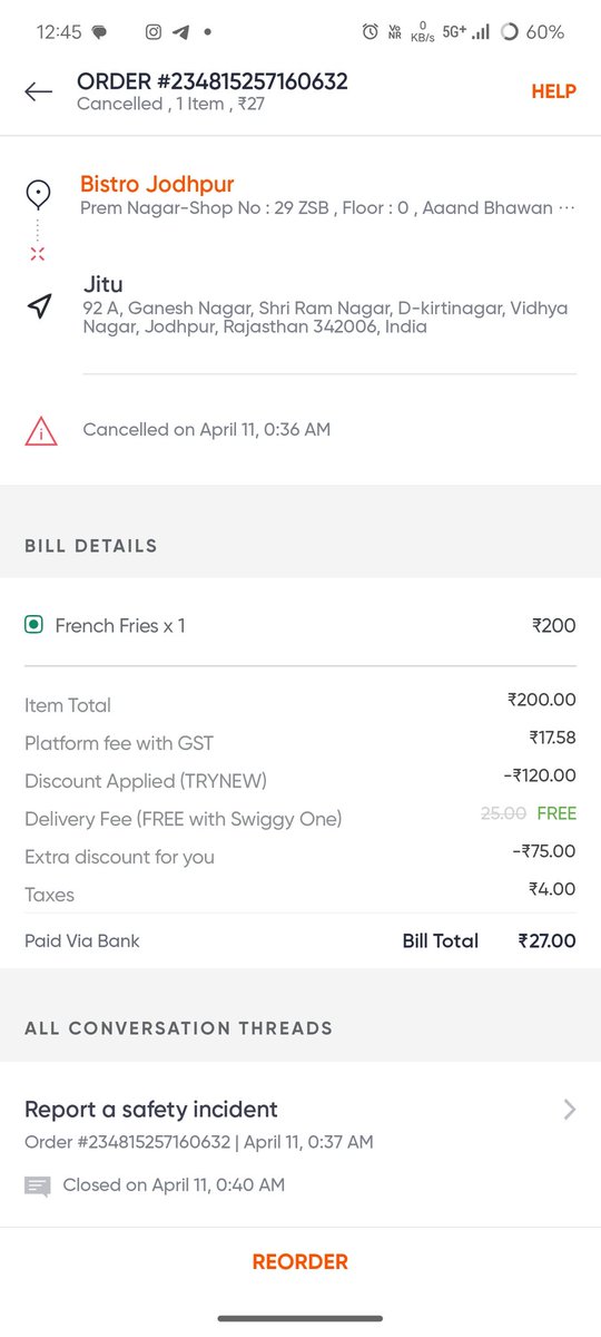 jitugoyal64's tweet photo. Order maine cancel Kiya bhi nhi , aur jab customer support par baat ki tab wo kab se yhi kah rhe hai ki maine cancel Kiya,  customer support se delivery boy ko phone lagane k baad 2 baar call Kiya usko , call nhi utha rha delivery boy return my money 😼 @SwiggyCares @Swiggy https://t.co/mdr3hoon98
