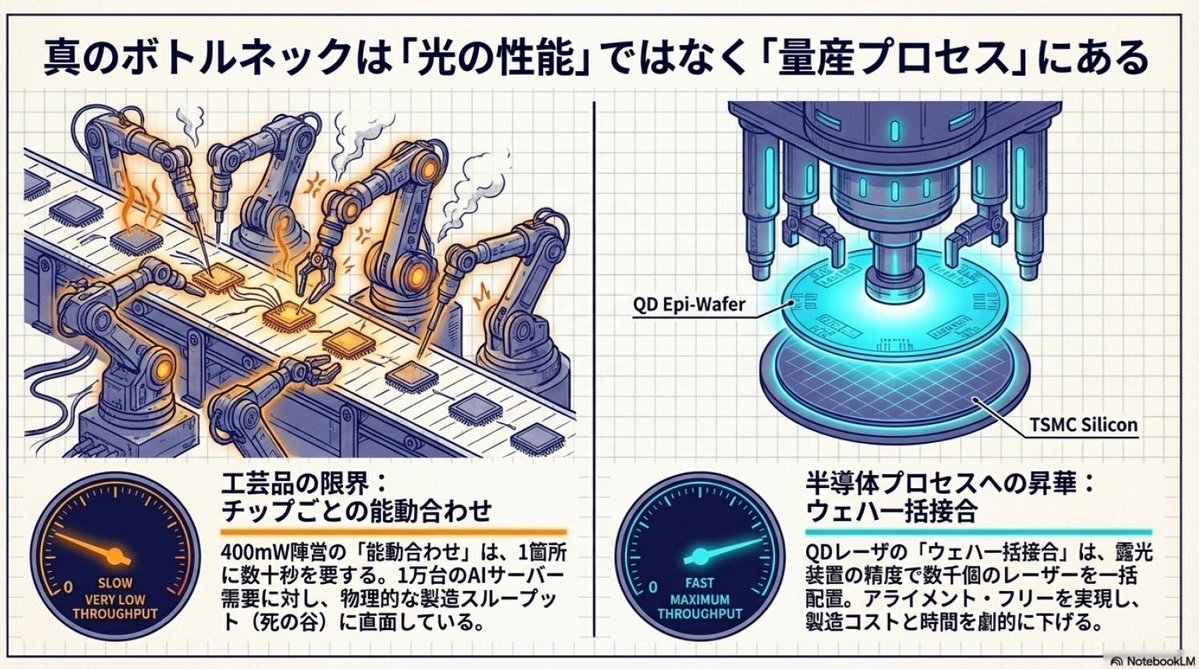 kiheta's tweet image. これが$LITE、ルメンタムを手放しでロングできない理由

生産が逼迫してるのは能動的位置合わせに工数が掛かるから

次の次の世代、チップ内光源化でどうなるか見通せないから。

OpenLight社とかQDレーザ・Innolumeが虎視眈々と狙ってる