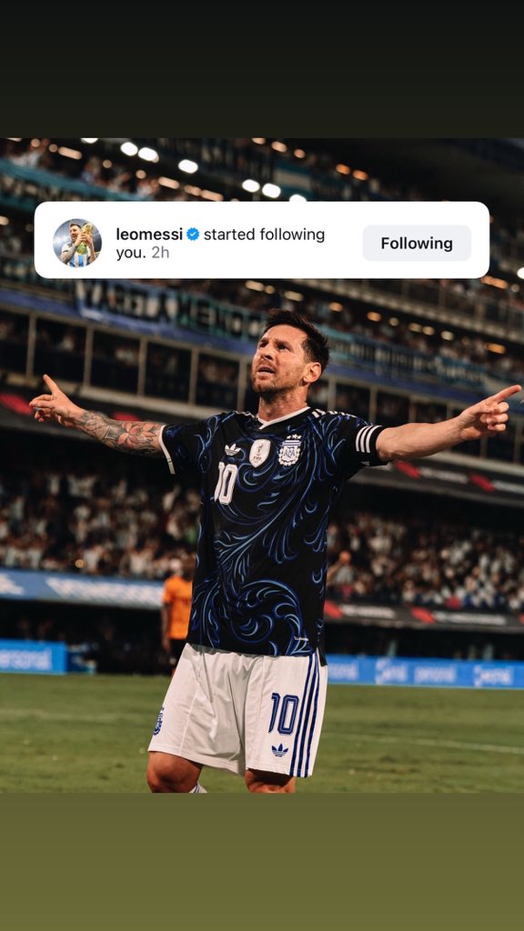 Woke up to the best notification of my life ✨🐐

A year ago today, Leo Messi followed us.
This account started with one simple goal - to be seen by him.

But life had bigger plans…
Meeting him and getting that follow? Still doesn’t feel real. 

Grateful for everything. ❤️